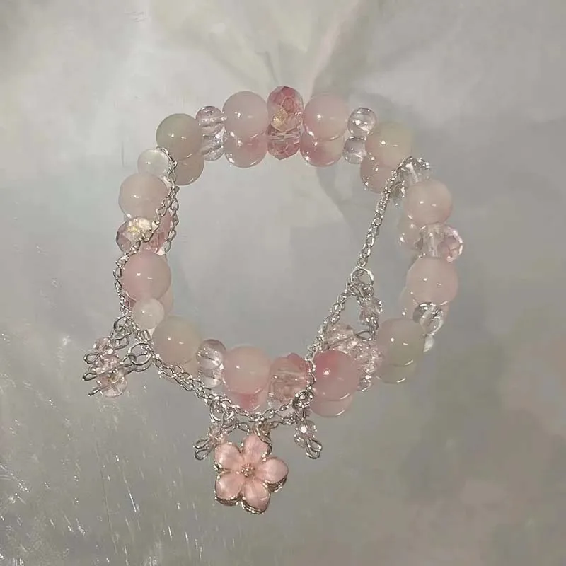 Korean Pink Crystal Flowers Butterfly Pendant Beaded Bracelet For Women Sweet Beaded Chain Bracelet Jewelry Gifts