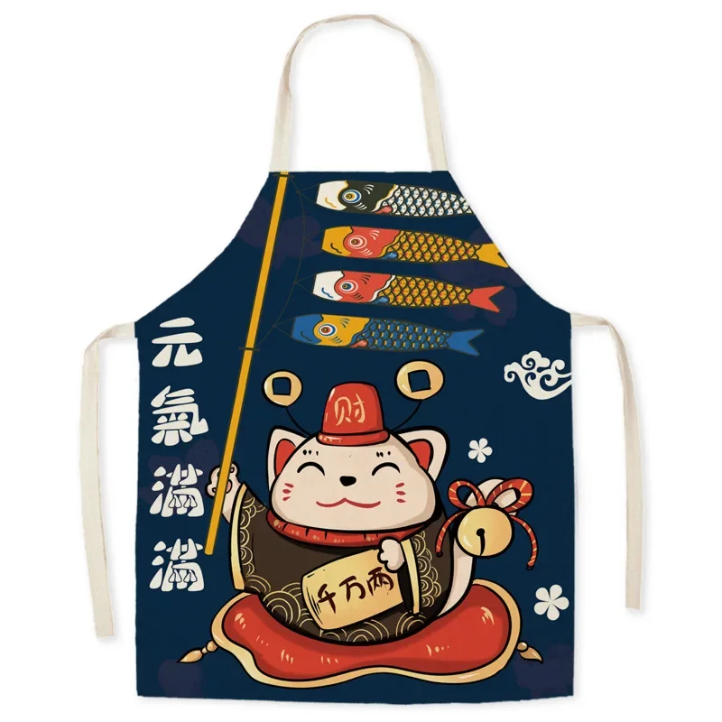 Japanese-style Linen Cartoon Japanese Style Cat Household Apron Kitchen Oil-proof Housework Cleaning Waist Sleeveless Cover