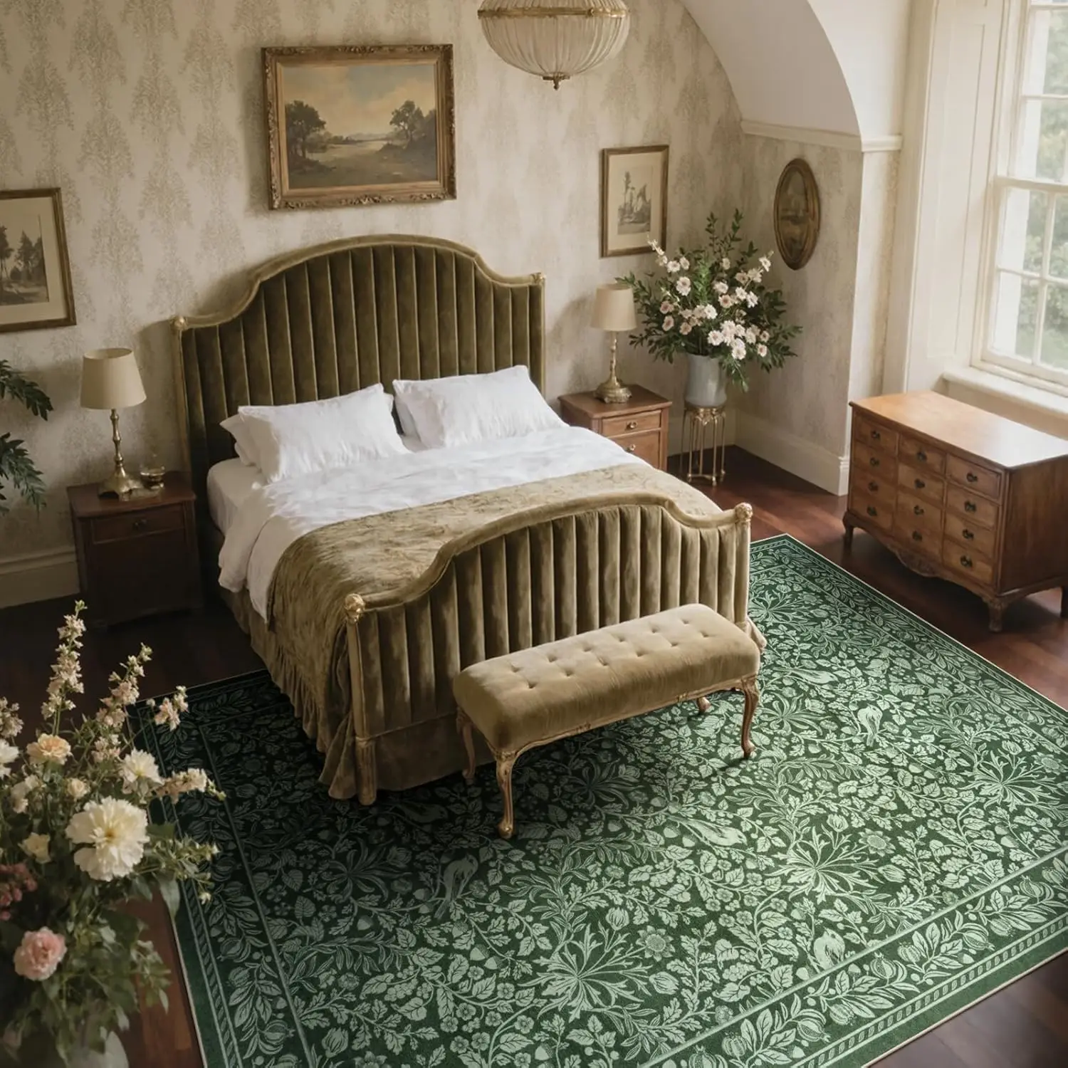 Green Area Rugs for Living Room, Vintage Floral Non-Slip Washable Rugs, Farmhouse Botanical Birds Nature Pattern Large Area view 4