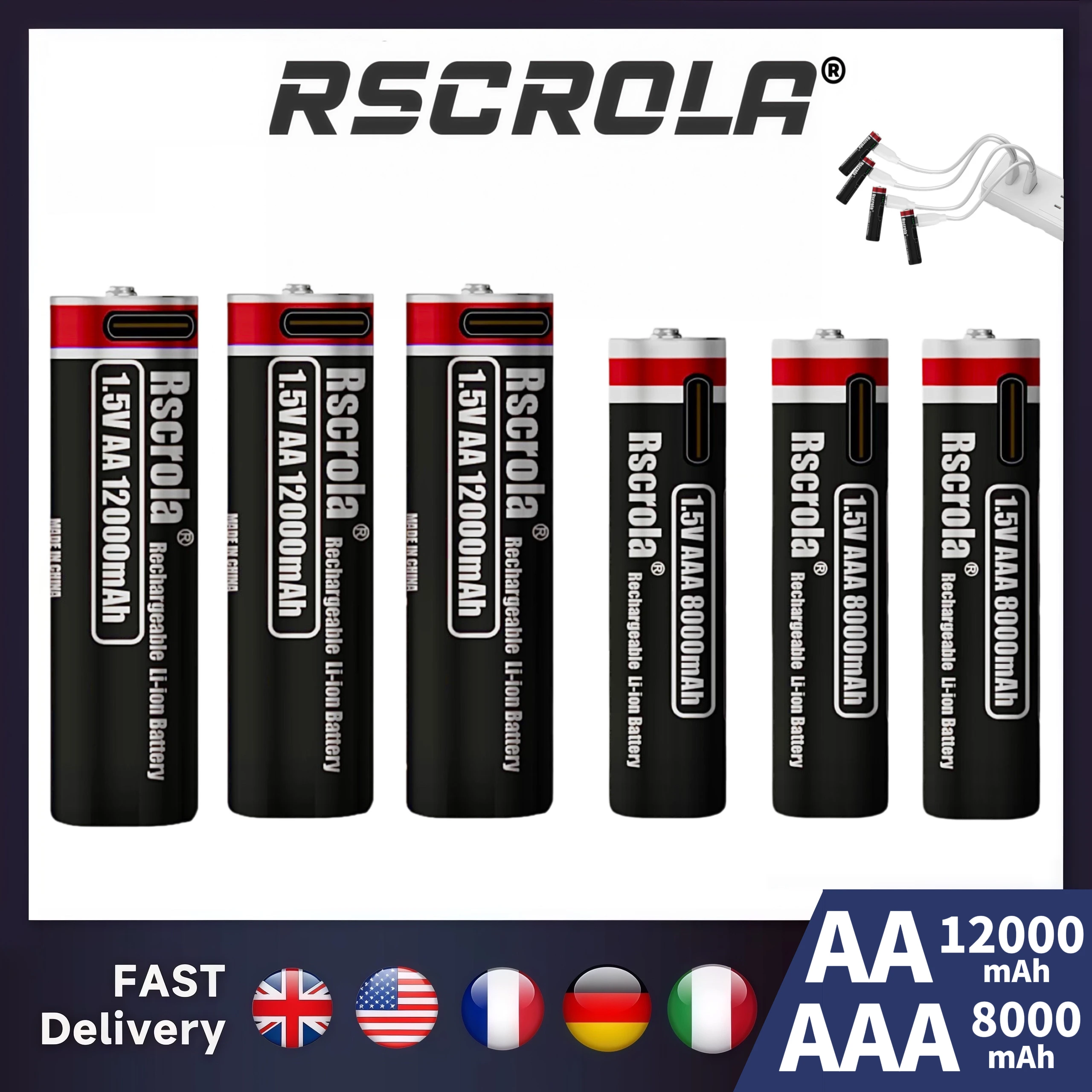 

New 1.5V Li-ion AA12000mAh&AAA 8000mAh Rechargeable Batteries USB Lithium-ion Suitable for mouse, flashlight, keyboard monitorin