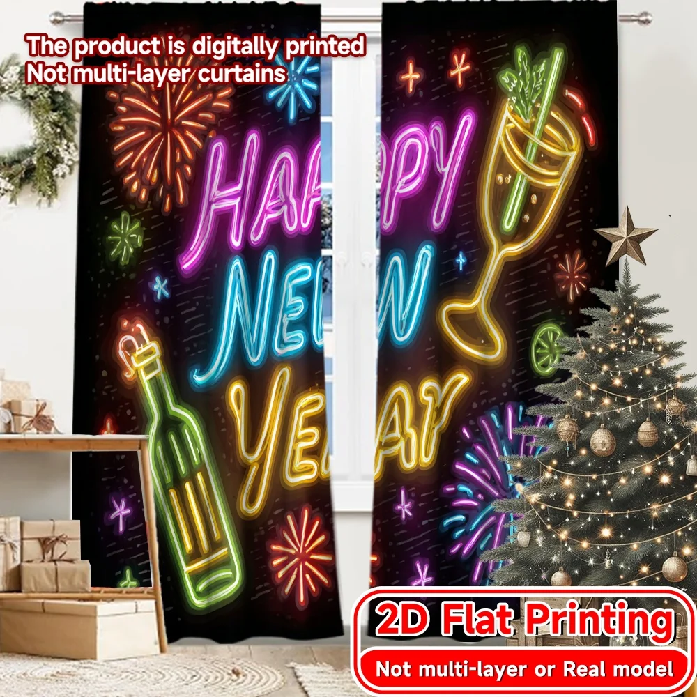 Impresión plana 2D, 2 uds., cortinas NewYear2026Bliss Chic, impresiones de cortinas con filtrado de luz, Art Deco, Ldeal festivo para dormitorio y