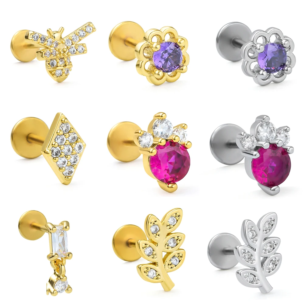 

1pc Conch Earring Tragus For Women Flower Bee Leaf Helix Cartilage Nose Stud Stainless Steel Labret Lip Ring Piercing Jewelry