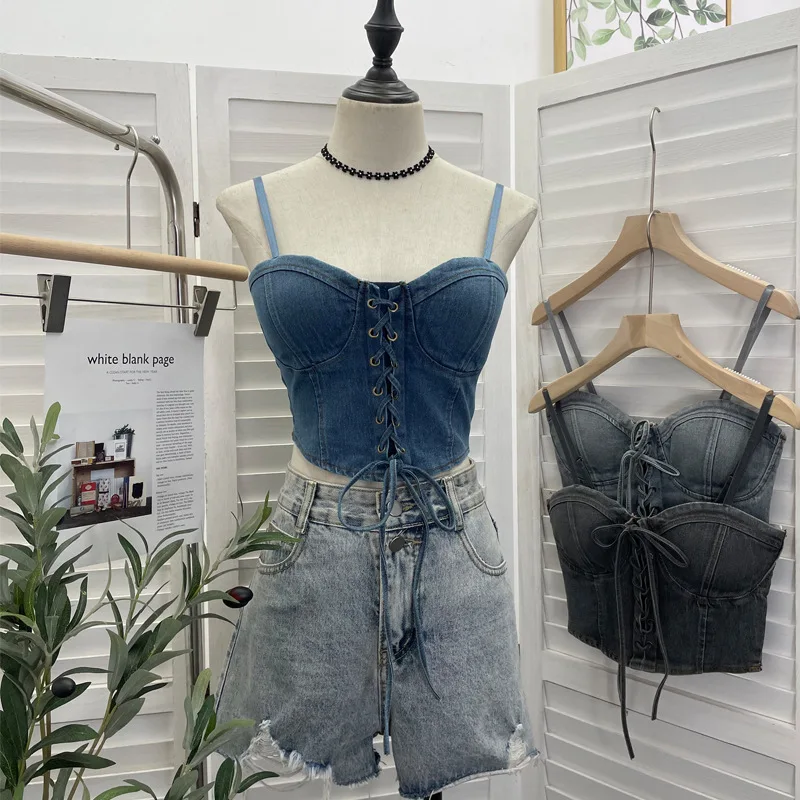 Women  Women Sexy Chic Denim Crop Top Lace Up With Padded Adjustable Shoulder Straps Bow Short BandeauTop Summer Y2K Club Wear