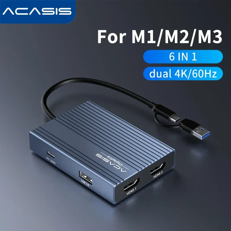 

Док-станция Acasis 6-в-1 USB-C с DisplayLink, поддержкой двух мониторов 4K при 60 Гц и зарядкой PD мощностью 100 Вт для MacBook Pro/Air