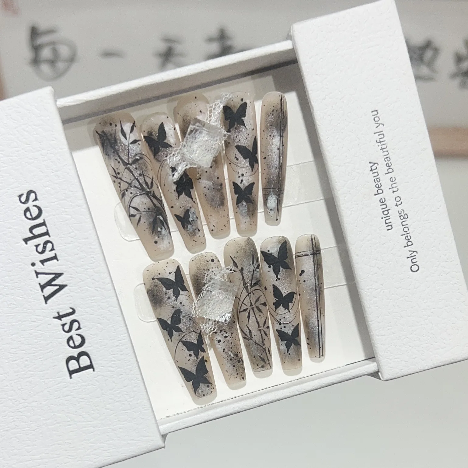

10pcs Chinese Wash Ink Style Press On Nails Frosted Long Coffin Handmade Fake Nails Black Bamboo Forest Butterfly False Nail