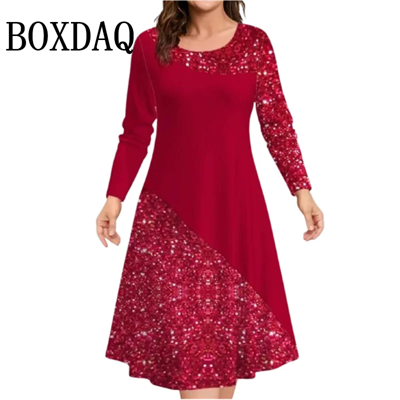 Autumn Winter New Ladies Pus Size Casual Dress 9XL Fashion Round Neck Geometry Printing Loose Long Sleeve A-Line Dress Vestidos