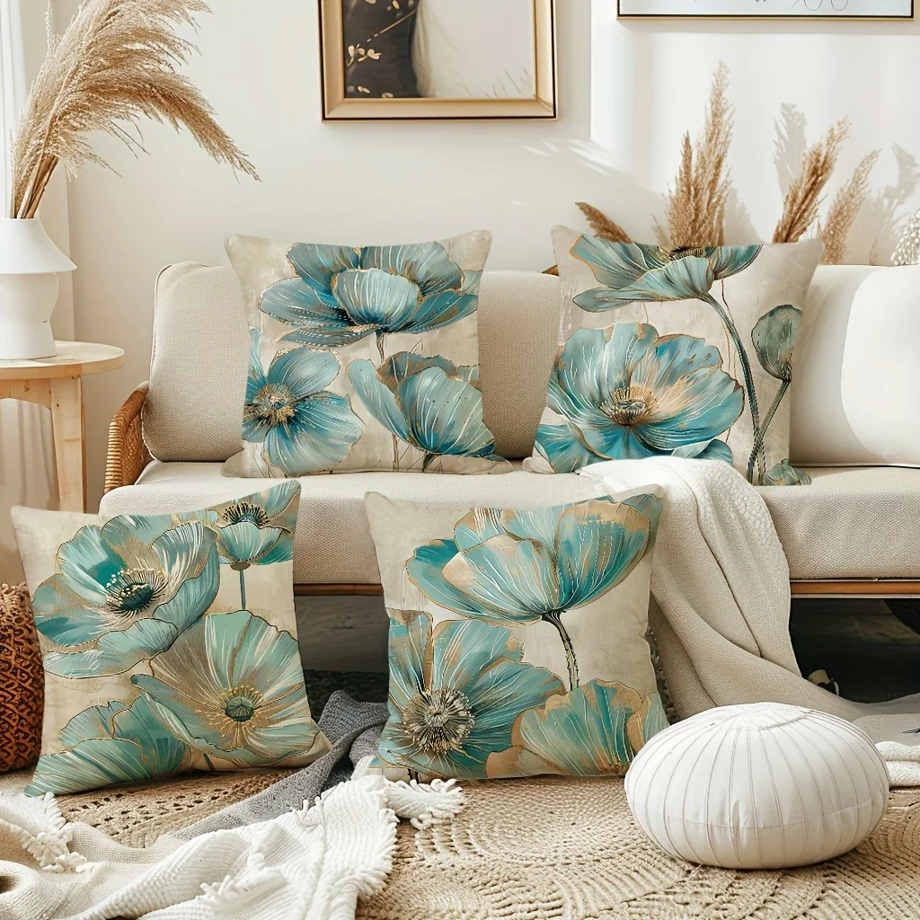 Set of Four Throw Pillow Covers with Elegant Blue and Gold Floral Botanical Print for Living Room Decor