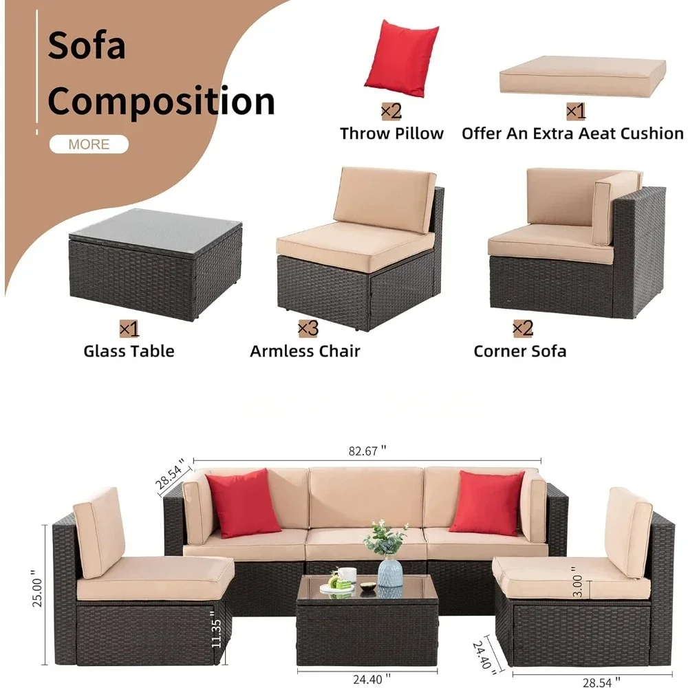 Outdoor Modular Patio Sofa Set All-Weather PE Rattan Woven Wicker  With Glass Table and Ottoman Cushions and Red Pillows Solid