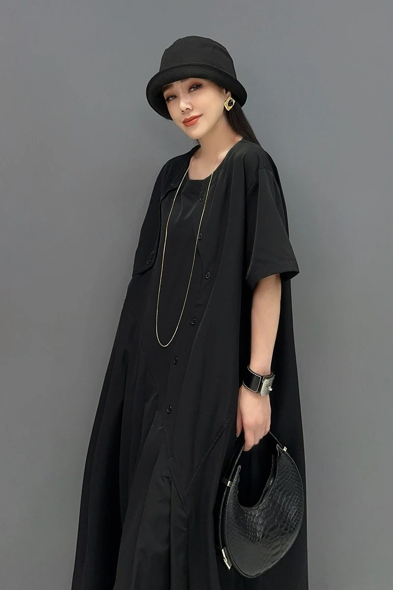 Vefadisa 2024 Summer New Dark Gray Women Button Trim Dress O-Neck Short Sleeve Patchwork Ruffled Comfortable Dresses ZXY528A