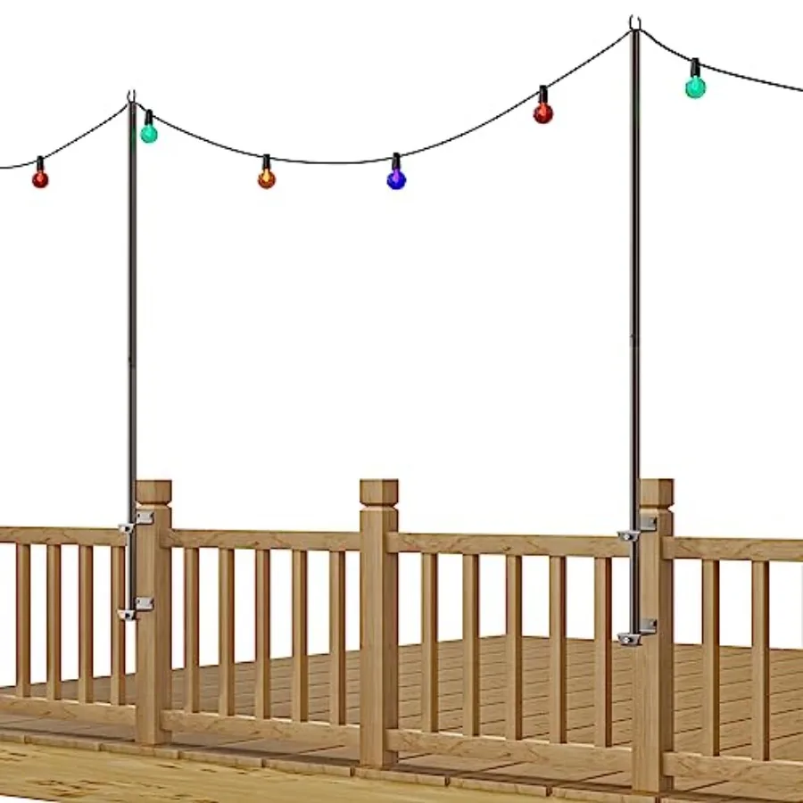 2 Pack 6.5 Feet Stainless Steel String Lights Pole Bracket/Holder for Deck Railing Wood Posts Black
