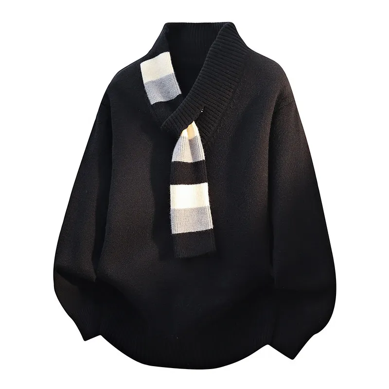 

Мужской повседневный вязаный свитер с воротником-шарфом, толстый, теплый, с длинным рукавом, V-образным вырезом, пуловер, осенне-зимний, модный, удобный, свободного кроя