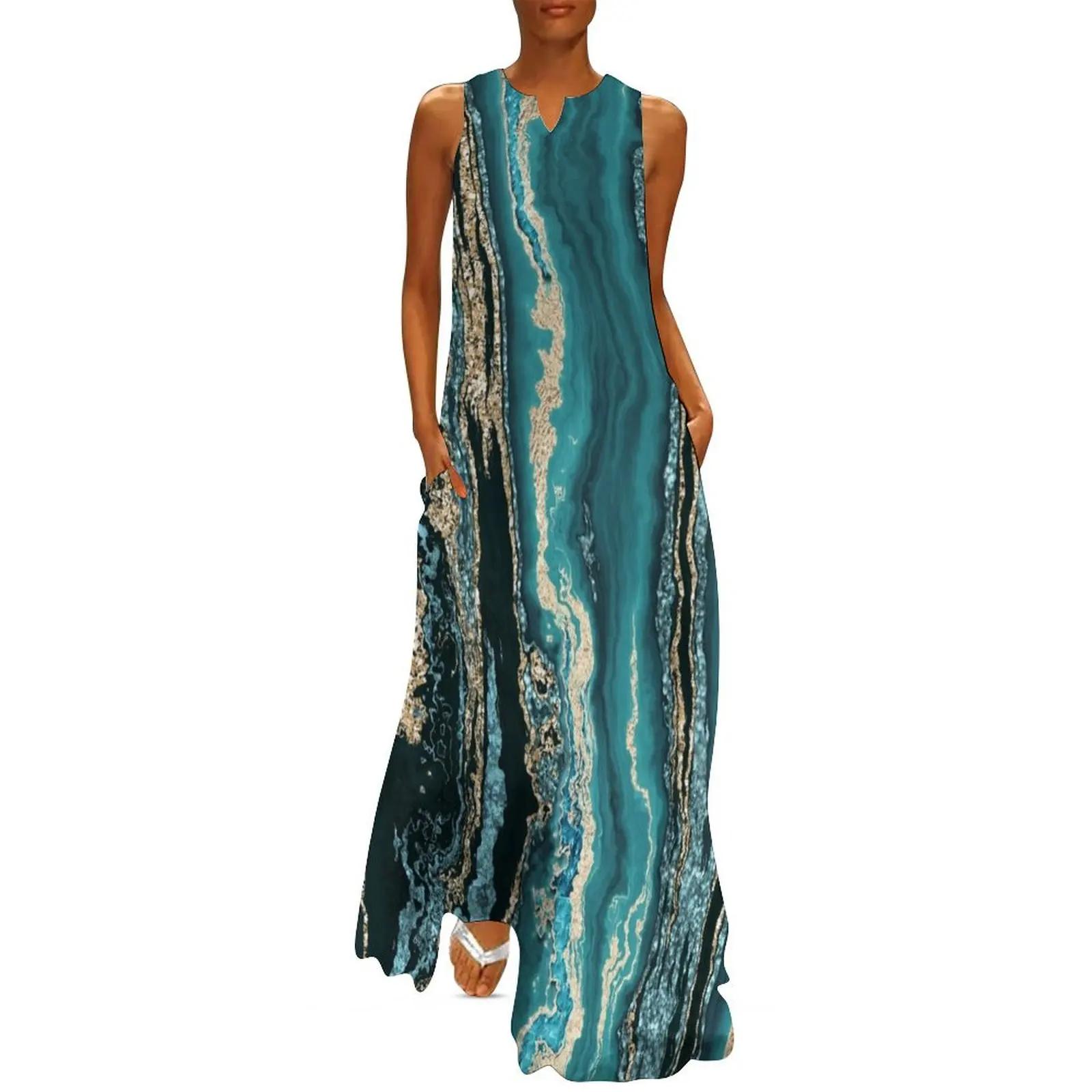 

Turquoise Gold Sparkling Luxury Marble Gemstone Art Long Dress Elegant gowns dress dresses dresses summer woman 2025 Dress