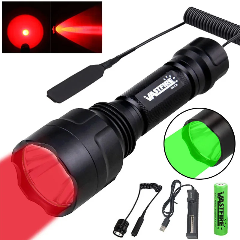 LED Tactical Hunting Flashlight 350LM 600-800 Yards Range C8 Green Red White 1-Mode Torch USB Rechargeable Lantern Lights Set