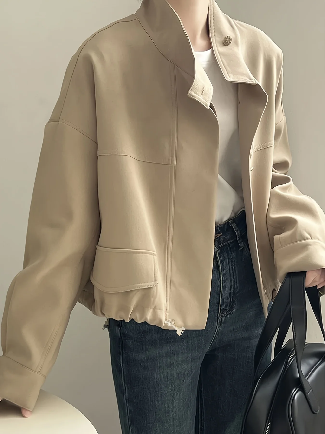 

Женская укороченная куртка-бомбер оверсайз цвета хаки с воротником-стойкой, повседневная верхняя одежда