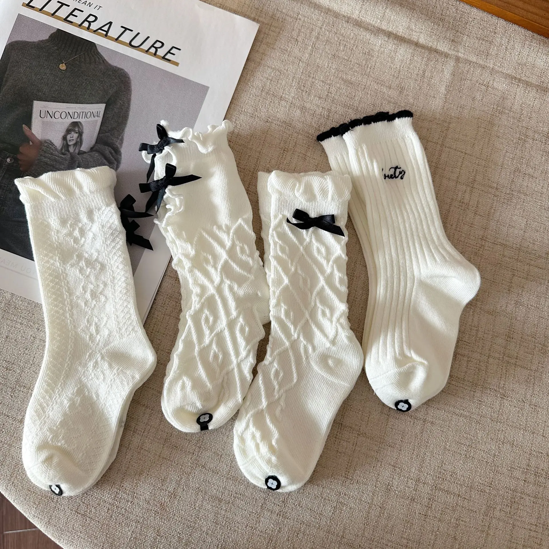 

Children Clothing 2024 Spring New Korean Style Spring Socks Girls Jacquard Fashionable Casual Simple Kids Cotton Socks