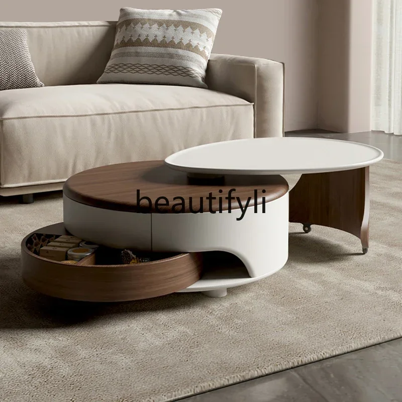 طاولة قهوة حديثة وبسيطة بلون الجوز، طاولة شاي متوسطة وعتيقة قابلة للسحب مع أدراج وطاولة ذات حافة مستديرة