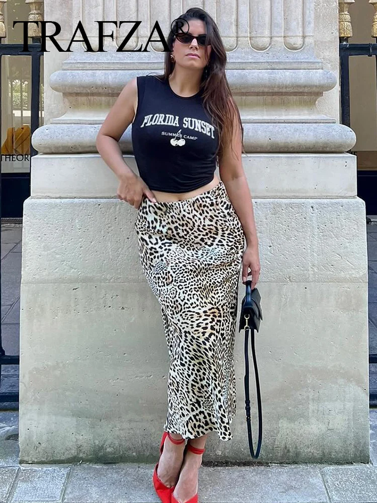 

TRAFZA Women's Fashion Casual All Matched Slim Animal Print Straight Skirt Female Sexy Elegant Leopard Print Streetwear Skirts