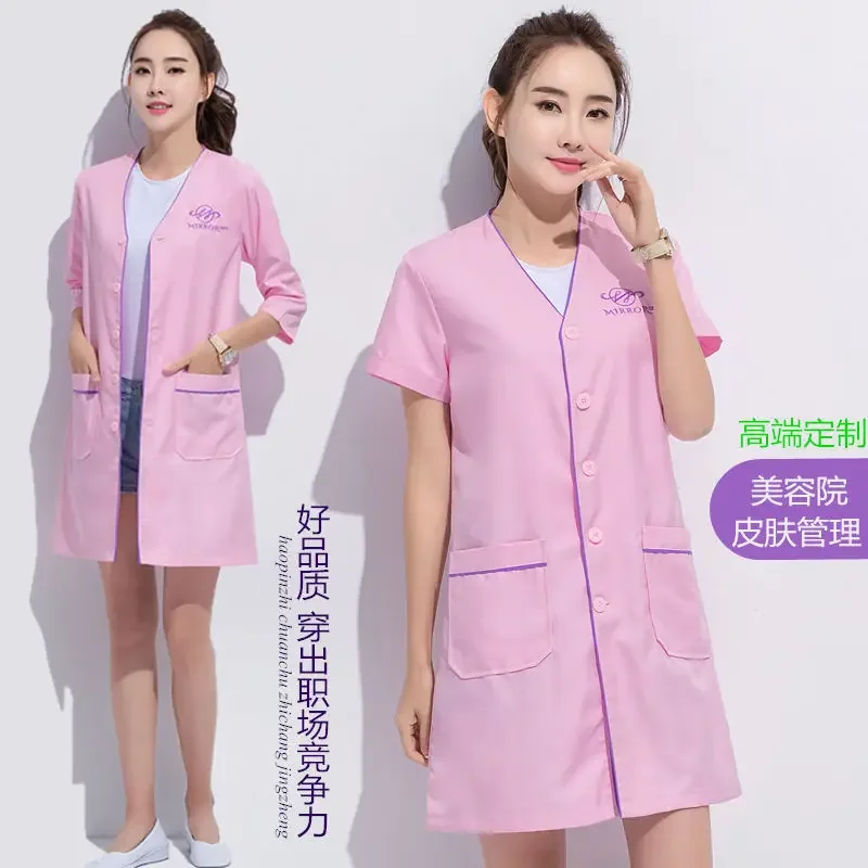 beauty uniform beautician Skin manager work clothes spa uniform white large size short-sleeve lab coat Salon Scrubs