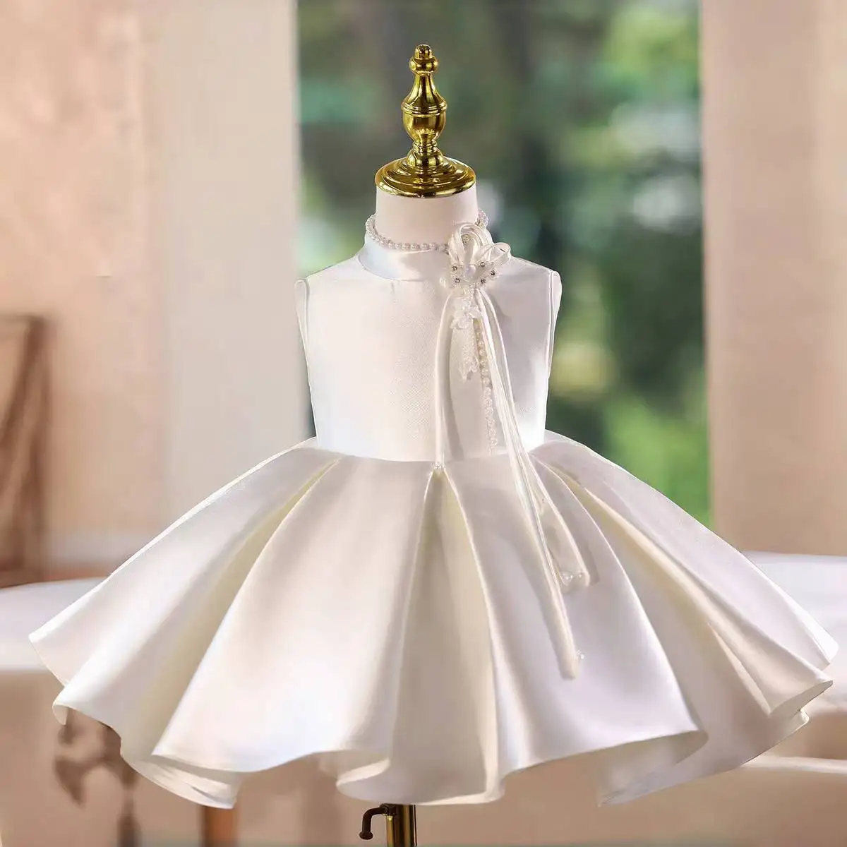 

Jill Wish D151 White Flower Girl Dress Satin Pearls Knee Length Princess Baby Wedding 1st Birthday Party Pageant Festival Gown