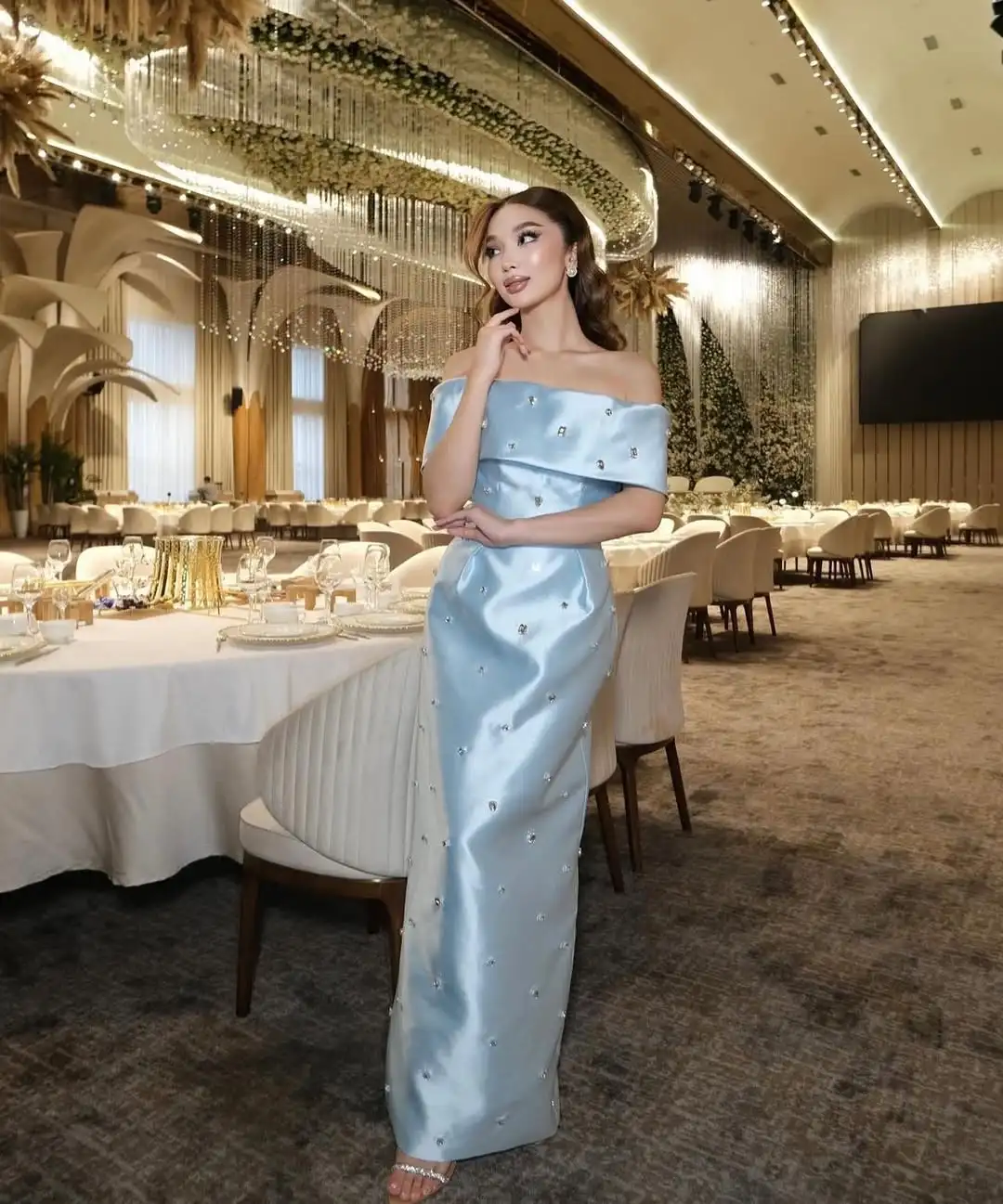 تخصيص السماء الزرقاء قبالة الكتف فساتين لحضور الحفلات الموسيقية 2025 الديكور لامعة حورية البحر فساتين السهرة أنيقة الزفاف النساء فستان الضيوف