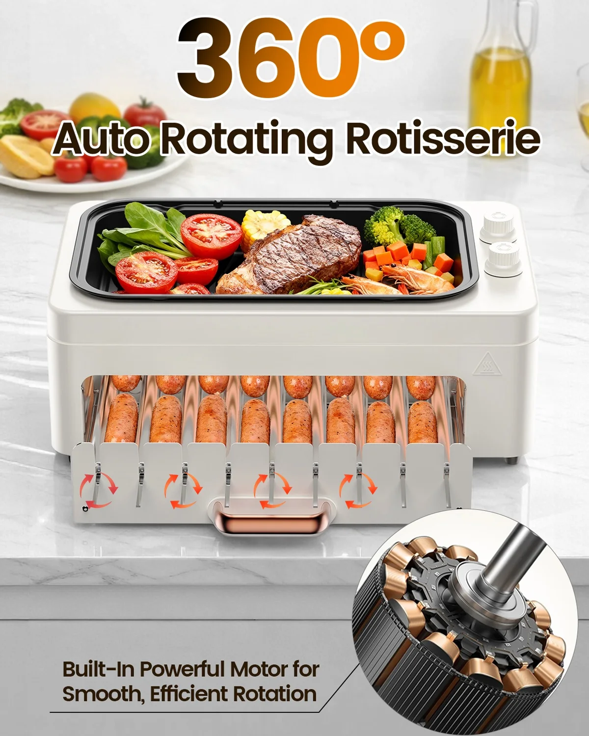 3-in-1 Smokeless Indoor Electric Grill, Countertop BBQ Grill with Dual-Zone Cooking, 360° Rotating Kabob Skewers, Hot Dog Roller & Removable Nonstick Pan, 1500W, 210–430°F, with Lid