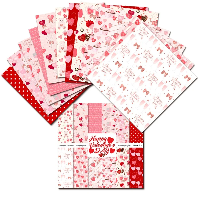 Happy Valentine's Day Scrapbooking  Pad 24pcs Junk Journaling Craft Paper Background Art  Single-Sided Vintage Scrapbooking DIY