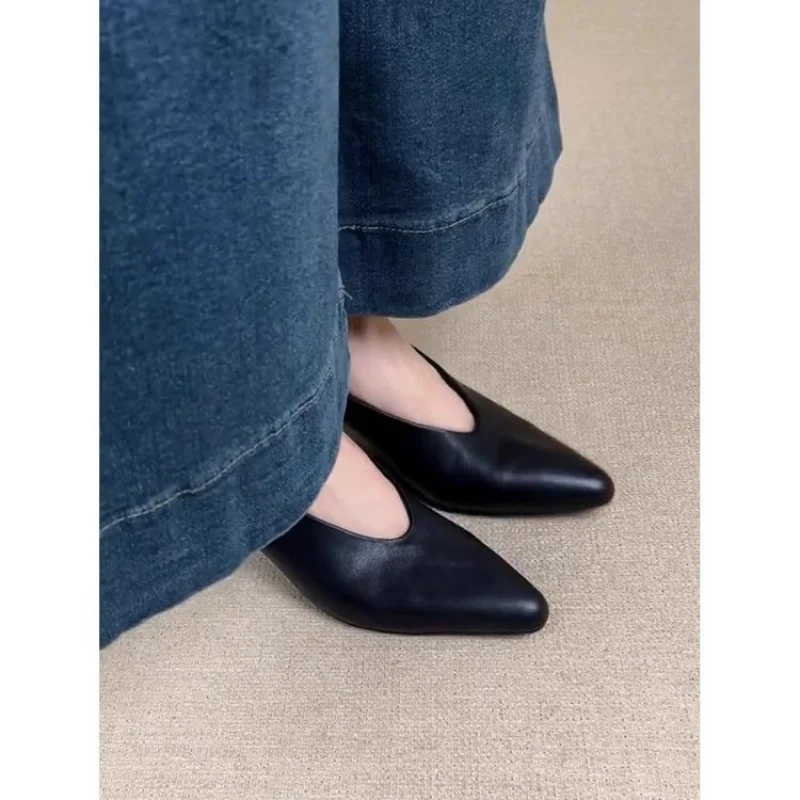 حذاء نسائي جديد بكعب مكتنز بمقدمة مدببة لعام 2025 - حذاء رسمي فرنسي ذو قصة منخفضة للمكتب - مريح ومتعدد الاستخدامات