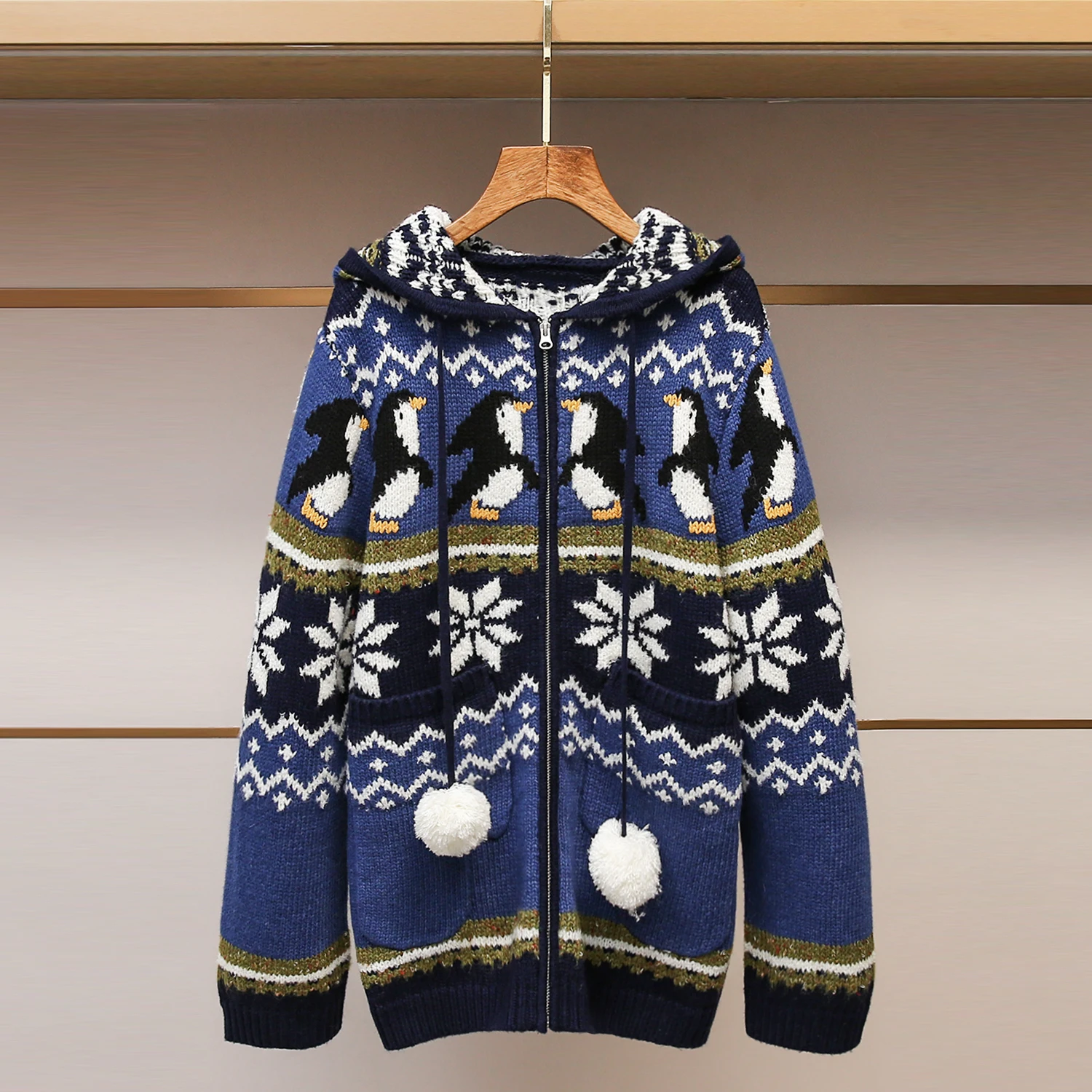 

High-End Women's Penguin Snowflake Knitted Open Cardigan Casual Sle Hooded Long Sve Regular Fit Home Wear Autumn Winter ...