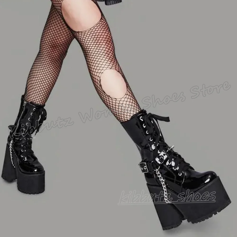 

Rivets Chain Ankle Modern Boots Platform Leather Solid Color Fashion Luxury Elegant Concise Sexy Round Toe Chunky Heel Shoes New