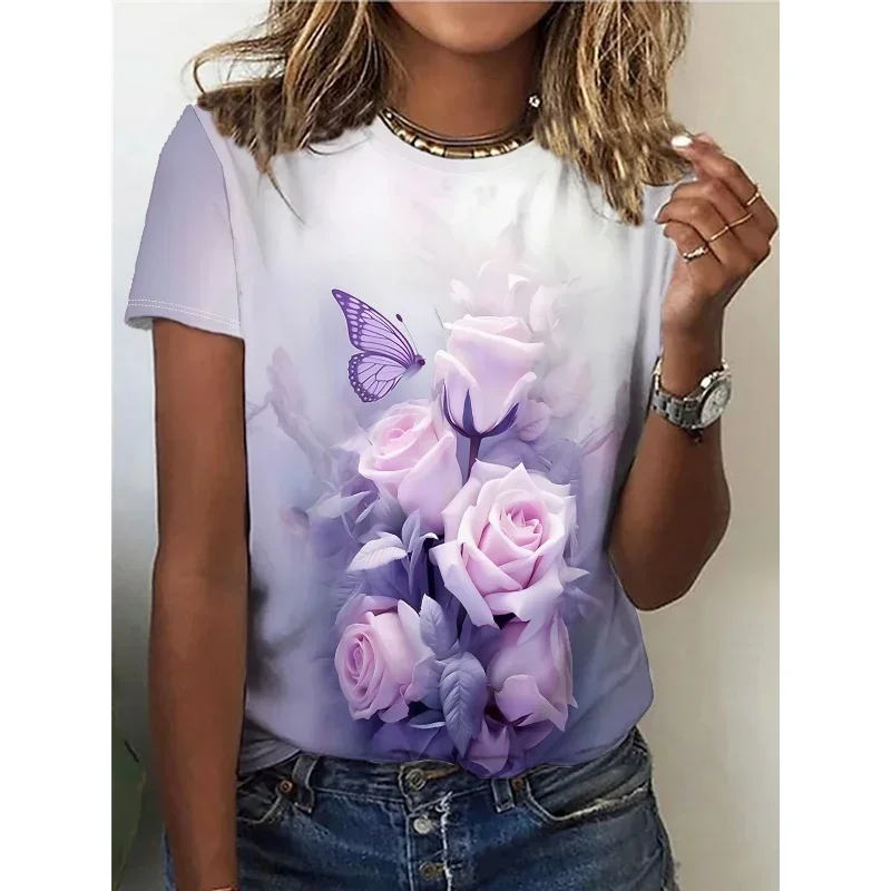 Plus size 3d impresso flor plantas t camisa para mulher borboleta gráfico manga curta rua o-pescoço camisetas topos camisetas soltas