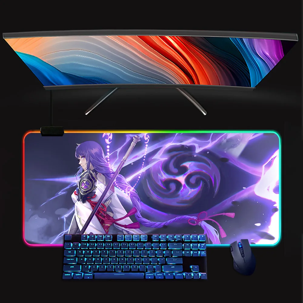 Genshins Impacts Raiden Shogun RGB Pc Gamer Keyboard Mouse Pad Mousepad LED Glowing Mouse Mats Rubber Gaming Computer Mausepad