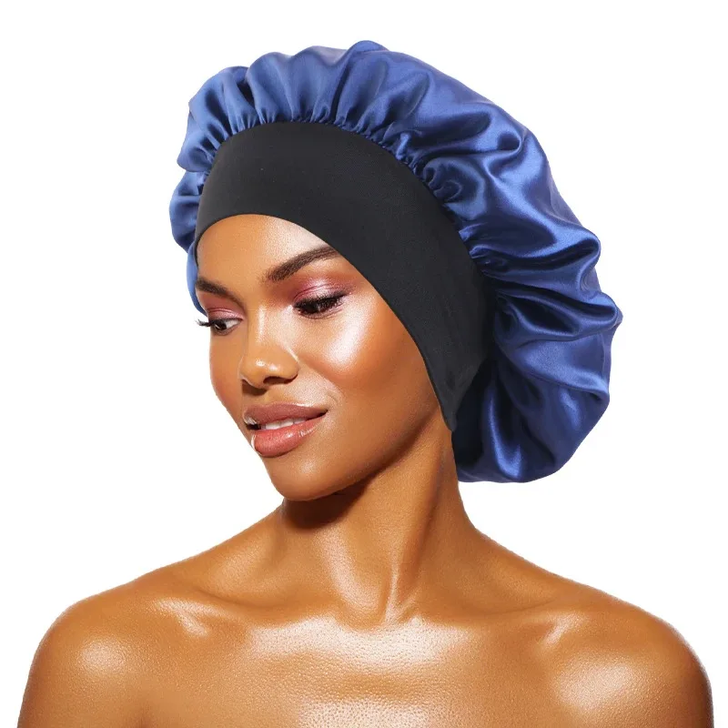 Women's Satin Solid Bonnets Wide-brimmed Night Sleeping Bathing Hat Unisex Head Wrap Elastic Band Cap Hair Care Bonnet view 4