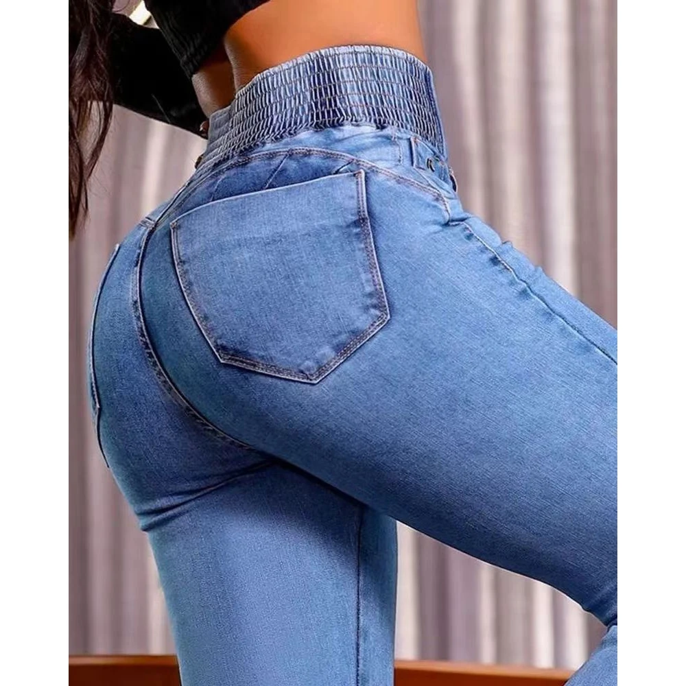 CurveEase Back Marszczony guzik z przodu Dżinsy z wysokim stanem Skinny Rozkloszowane jeansowe Jeggings