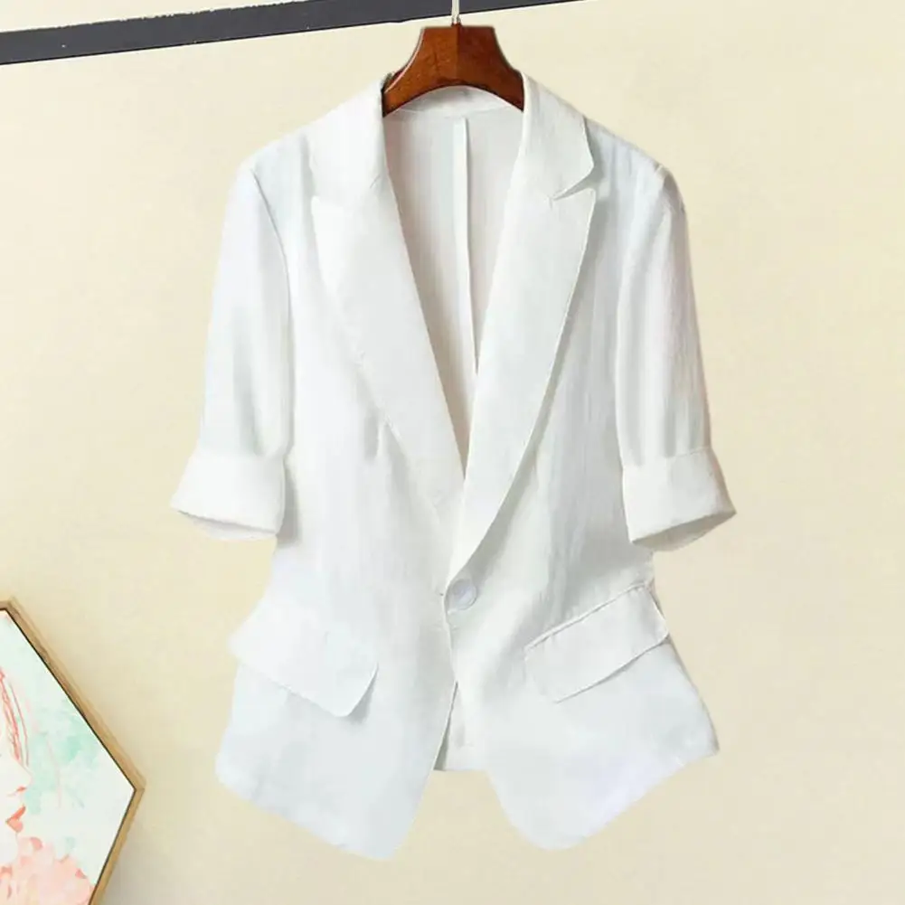 Women Lapel Button Blazer Jacket Solid Color Casual Loose Coat Three-quarter Sleeves Thin Summer Suit Top Commuting