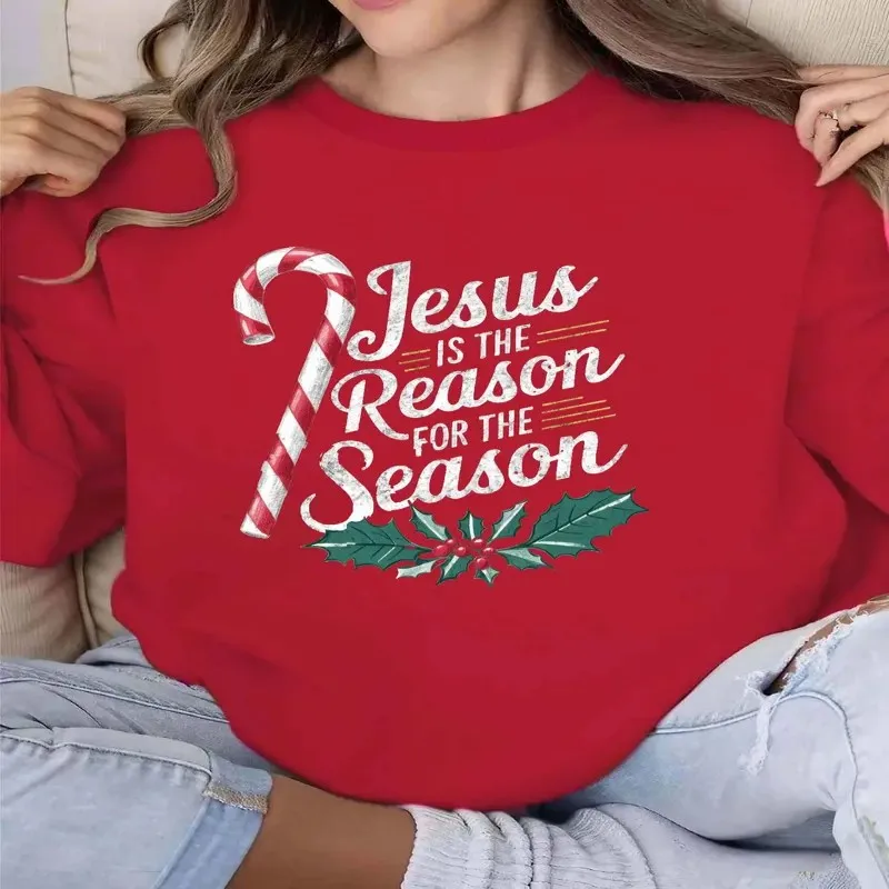 Fall Winter Women Sweatshirt Plus Size Female Clothes Oversize Candy Cane Jesus Graphic White Text Breathable Fabric Trendy Top