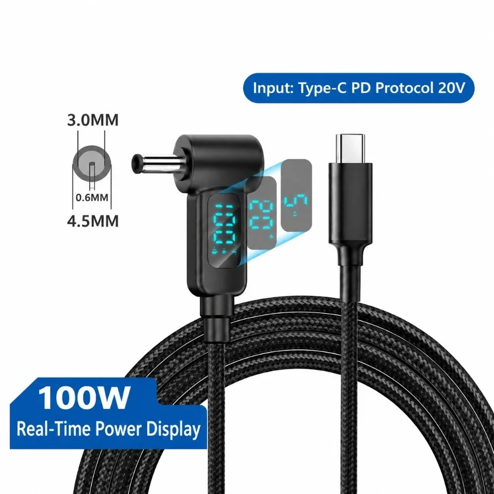 100W PD USB-C to DC Cable 20V Output Nylon Braided PD Trigger Charging Cord Digital Display Overcurrent Protection