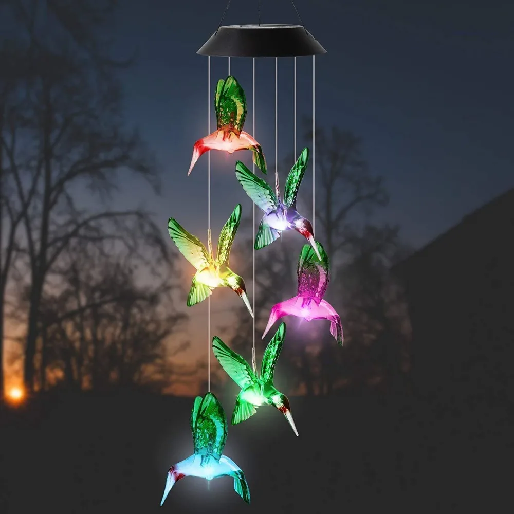 New High Quality Cute Hummingbird Wind Chimes Solar Power Generation Plastic Solar Lighting Lamp Blue Green Courtyard Lamp