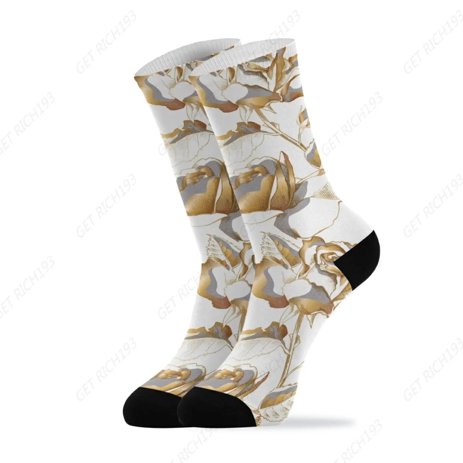 Golden Rose Flowers Leaves And Buds On White 1 Pair Casual Knee High Sock Soft Circulation Socks For Running Travel