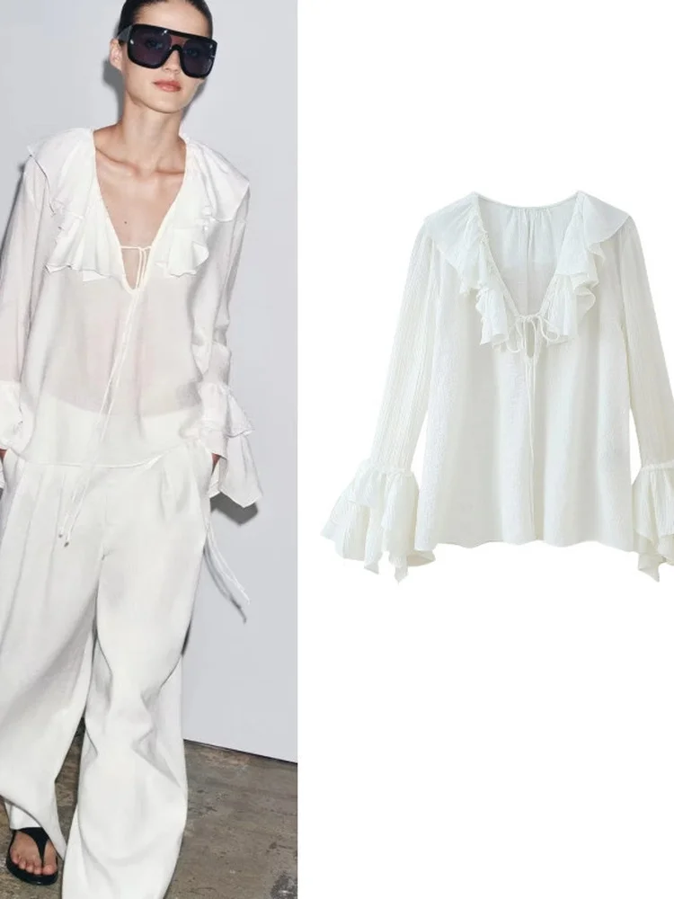 

Faionable V-Ne Long Sve irt Women's Summer New Sle Design Sense Slimming Decorative Layering Commute Sle Loose Fit