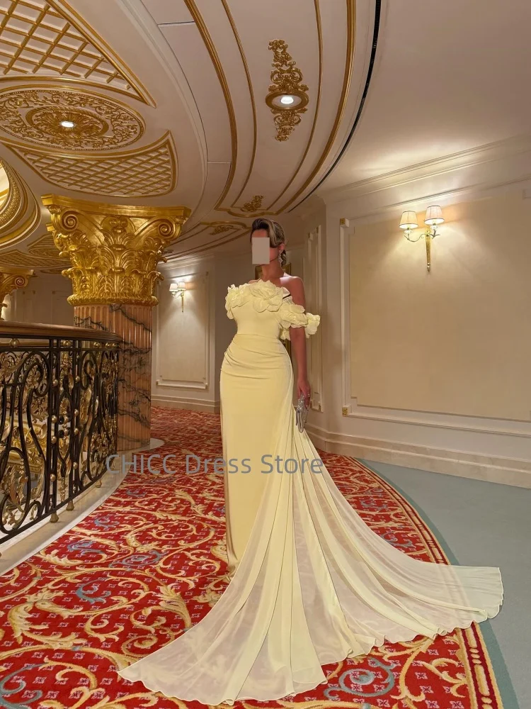 Abiti da ballo gialli senza spalline senza maniche abito da sera arabo fiore sirena mantello abito da festa di gala abiti da soirée personalizzati