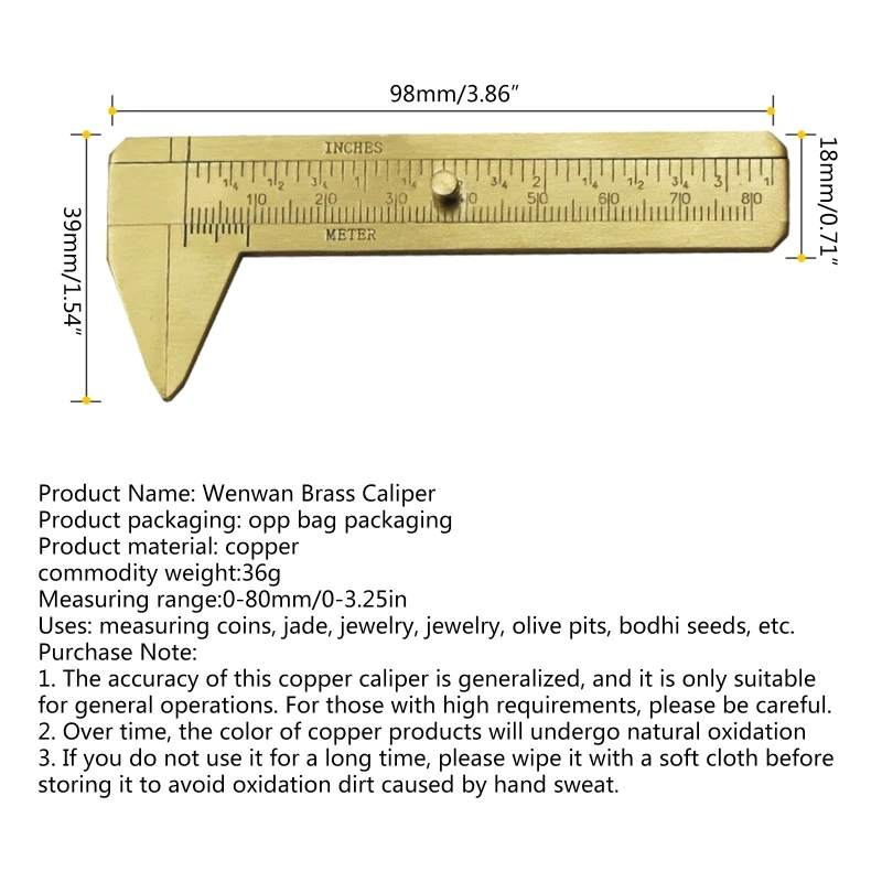 Brass 80mm Sliding Metric and Inch Mini Caliper Gauge Retro Vernier Caliper Bead Wire Jewelry Measuring Tool Golden L21C