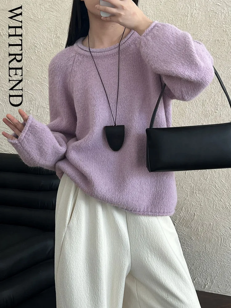 

WHTREND корейский стиль, милый круглый вырез, закрученный край, мягкий шерстяной свитер для женщин, осень-зима, новый стильный вязаный топ WH2082