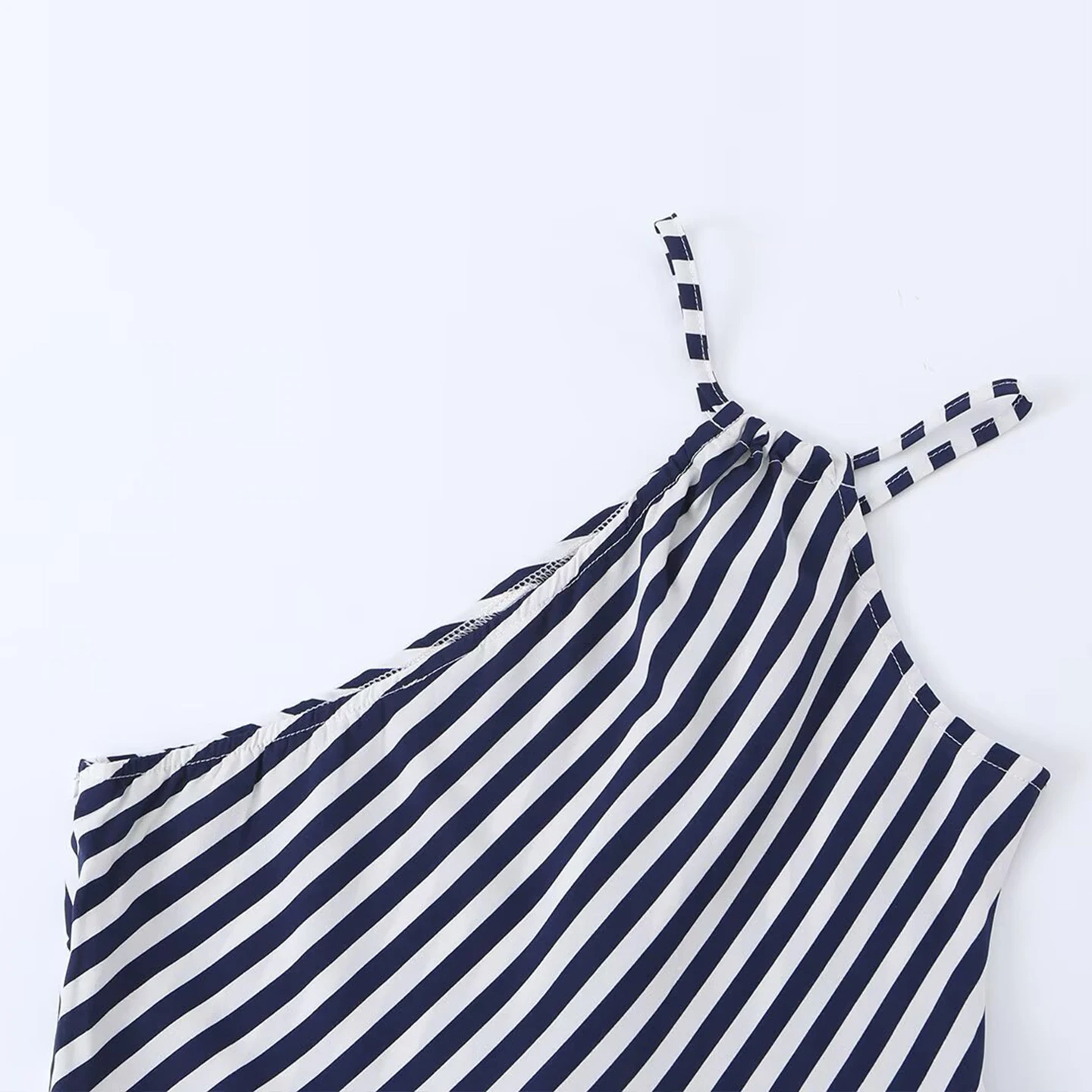 Women's Fashion Summer Print Asymmetrical Strap Dress Slant Stripe Positioning Personality Single Piece H Version Body Shape
