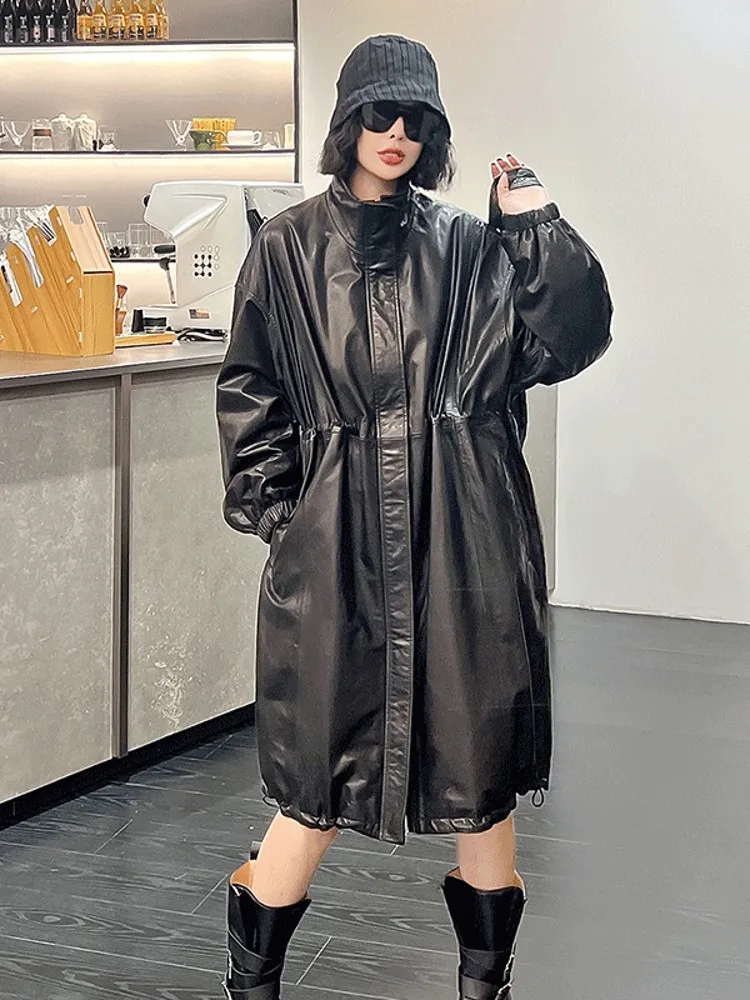 Vintage المرأة الشتاء جلد البقر جلد طبيعي أسفل سترة سميكة الدافئة طويلة خندق معطف فضفاض صالح سترة واقية معطف المتضخم