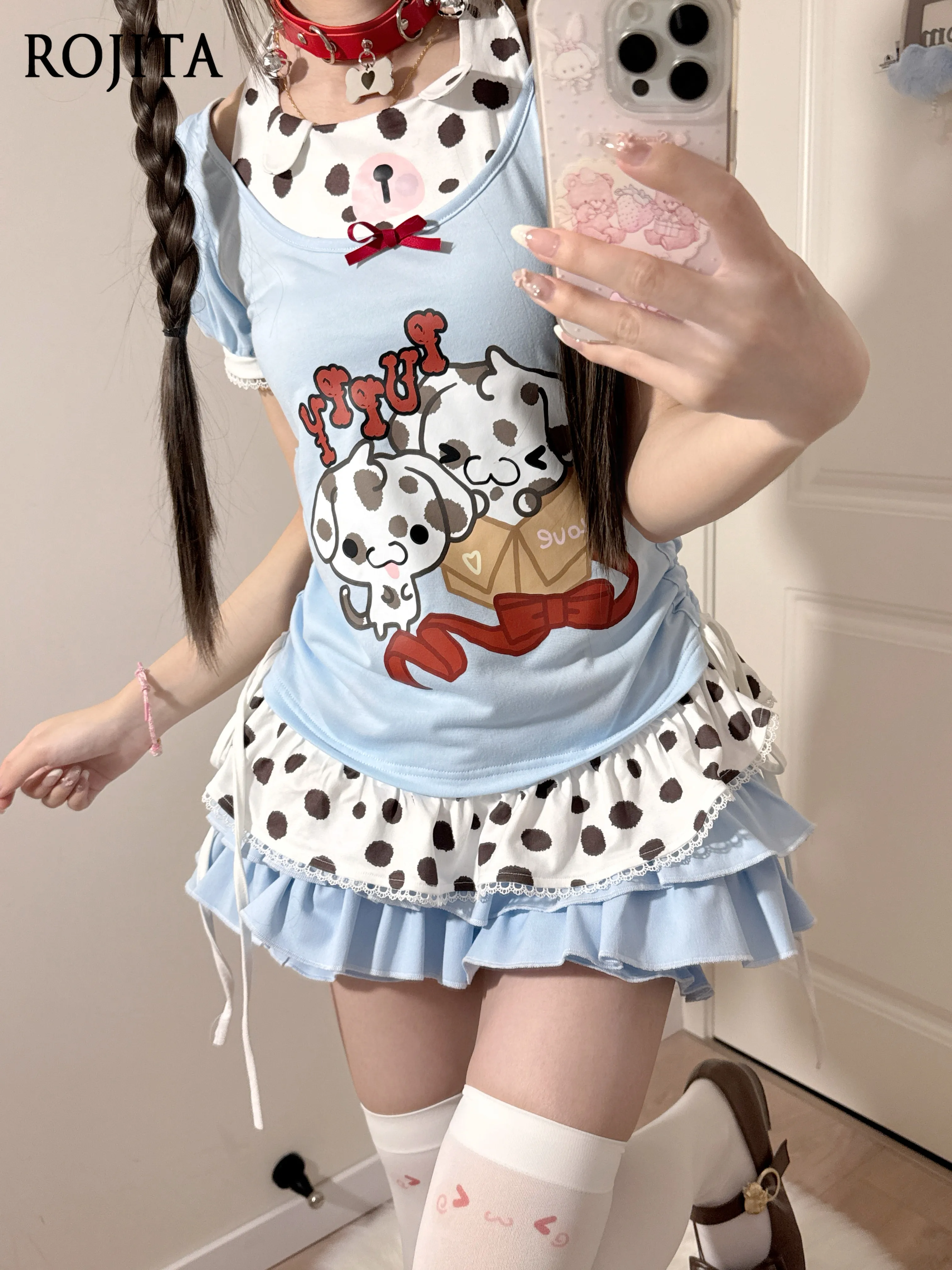 Sweet Girls Cute Spotted Puppy Print Puff Sleeve Top Matching Ruffle Layered Skort Sold Separately