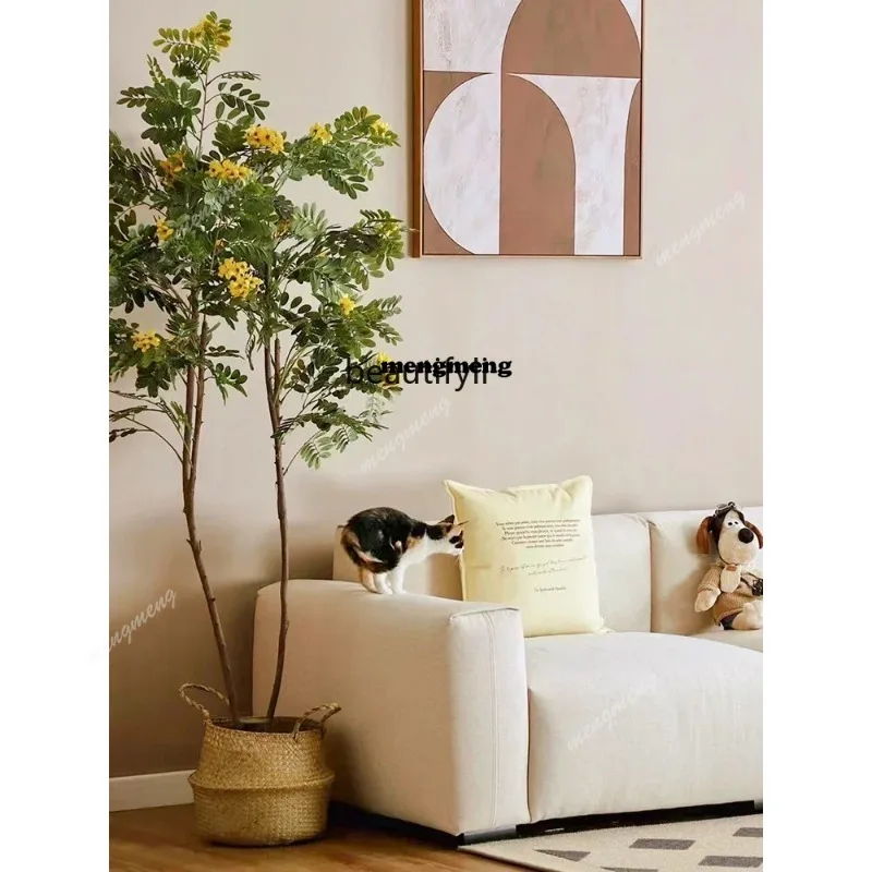 Artificial Plant Decoration Yellow Locust Flower Fake Trees Indoor Living Room Floor Soft Decoration Matching Bonsai GreenN