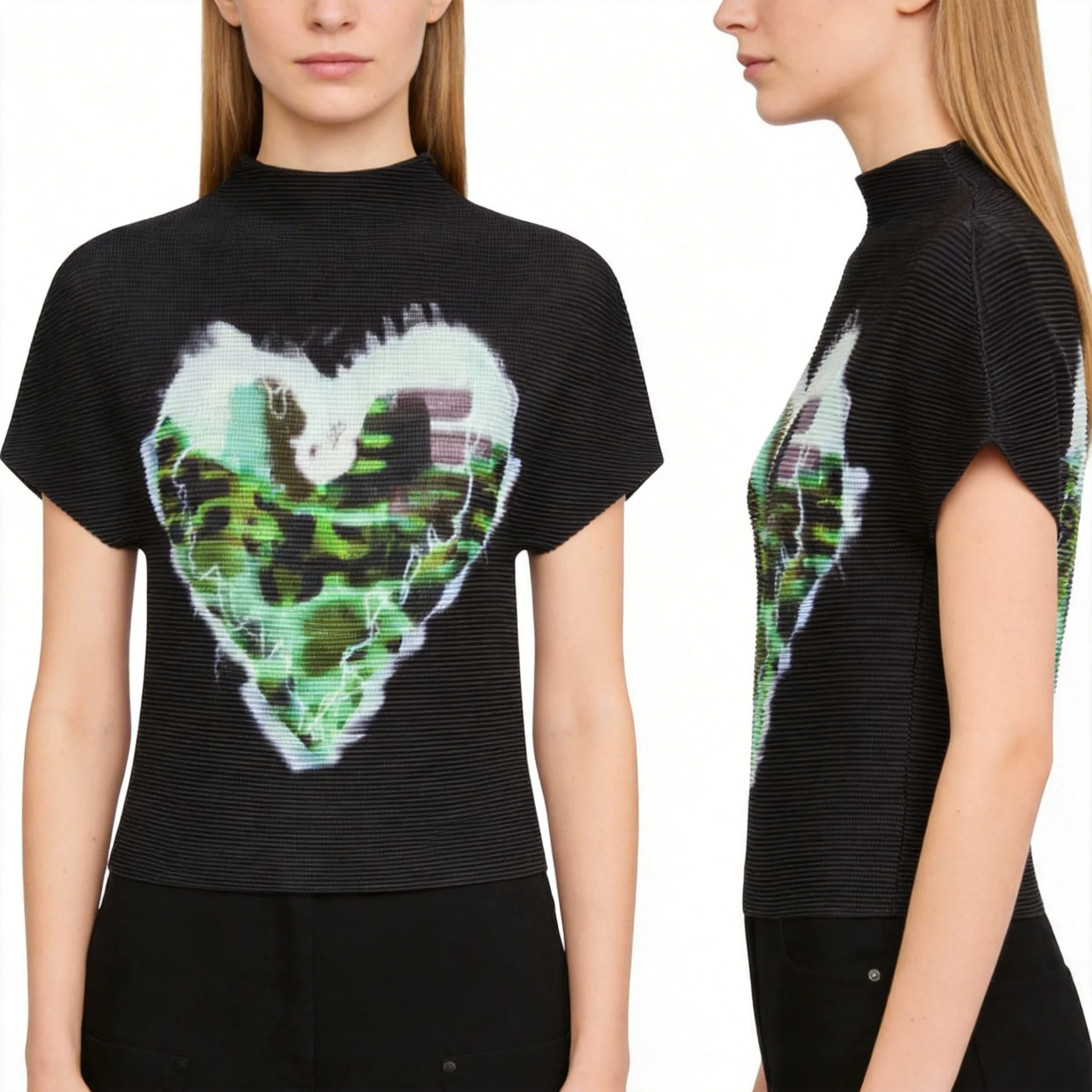 

Женская футболка в стиле Мияке с плиссировкой и принтом под кукурузу, эластичная, облегающая, универсальная, с воротником-стойкой