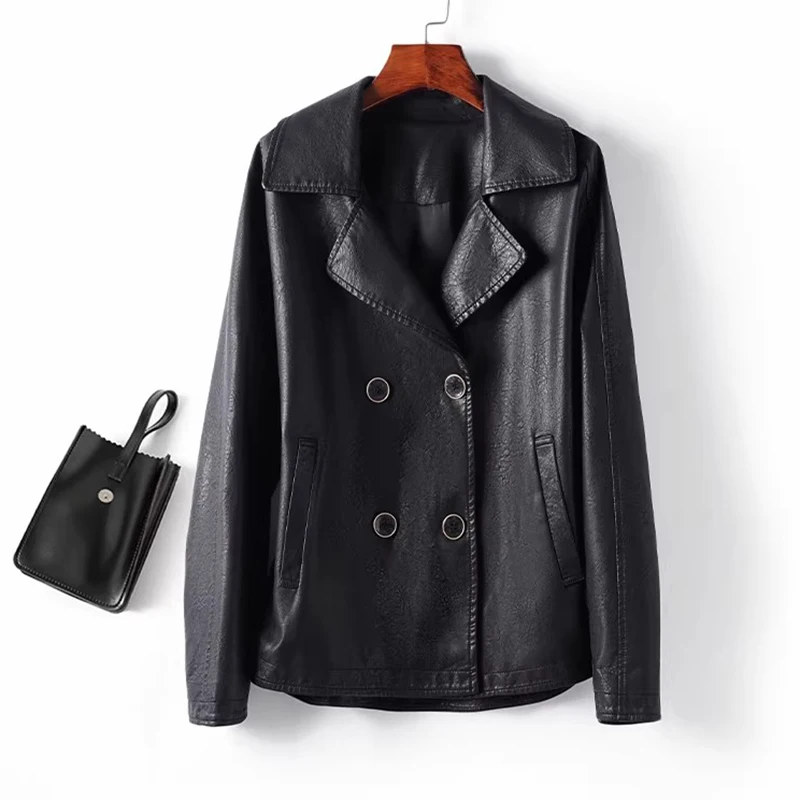 Nouvelle veste courte en cuir décontractée pour femme, col rabattu, double boutonnage, coupe ample, mode printemps-automne