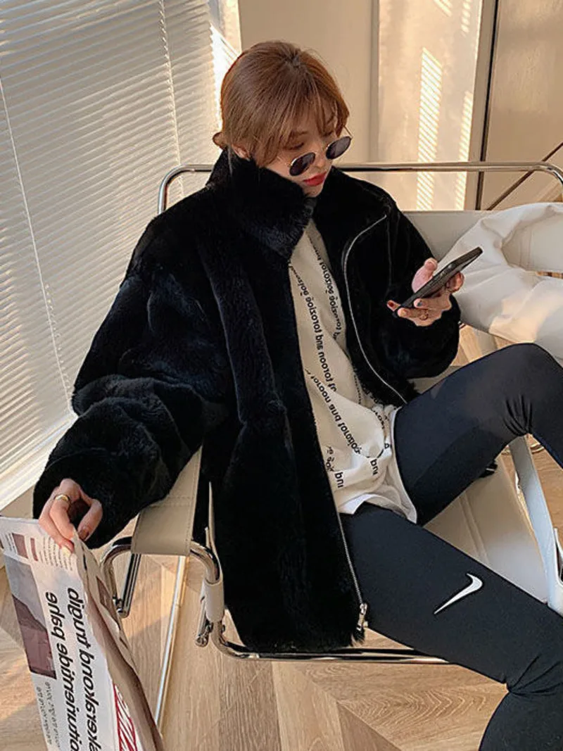 Plush Jacket Women Winter Imitation Rex Rabbit Fur Grass Mid-length Loose Thick Hooded Women Jacket 2022 Ins Hot Sale