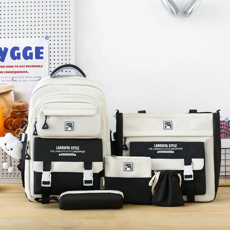 5-piece Set of Free Pendants Forest Style Korean Version Casual Harajuku Student Backpack for High School Girls Large Capacity